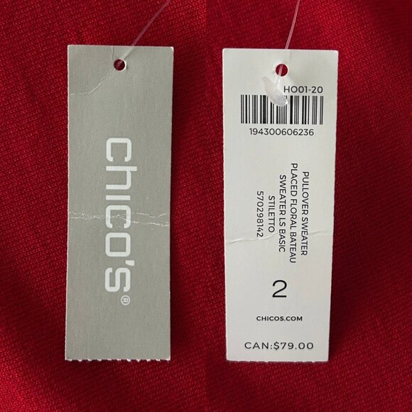 Chico's Red Placed Floral Bateau Long Sleeve Embellished Knit Sweater NWT (L) - Picture 10 of 13